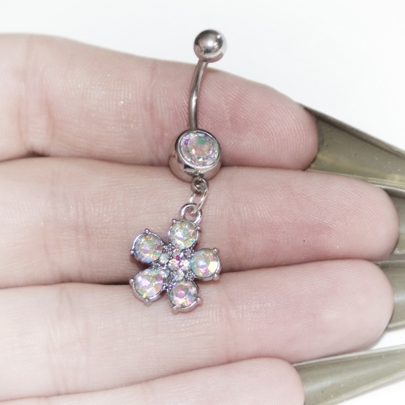 Dangly rainbow crystal Belly Button Ring - Picture 2 of 8